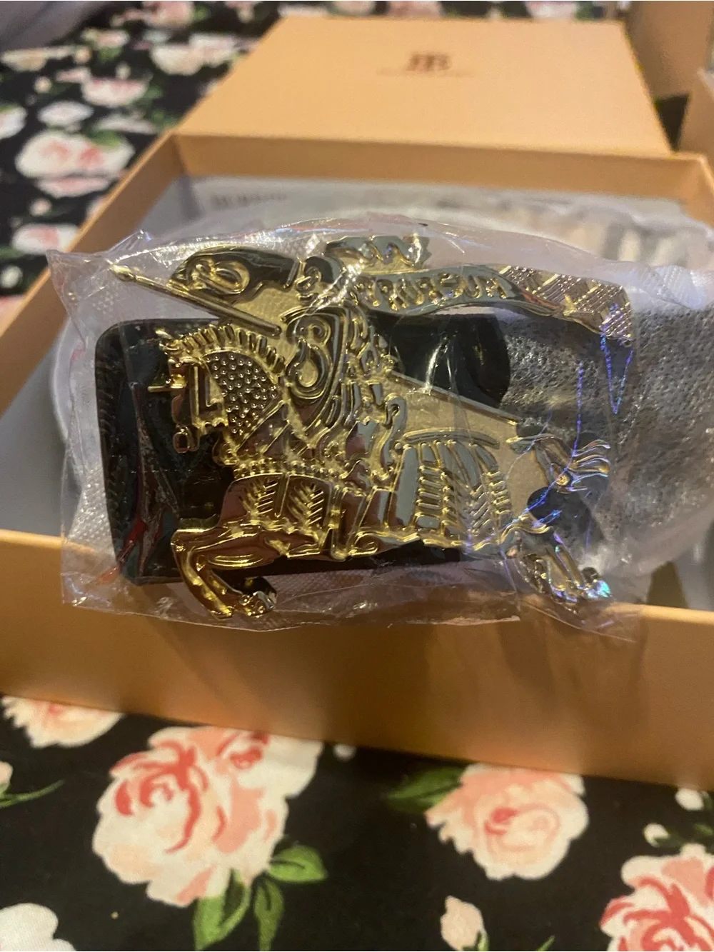 Burberry Black Leather Belt with Gold Equestrian Knight Buckle